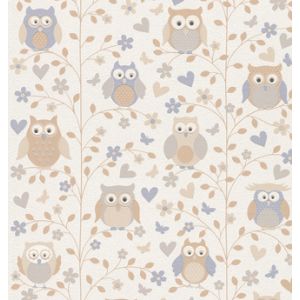 Tic tac  0401300403   Papel de  Parede  fundo branco  com corujas em tons bege 