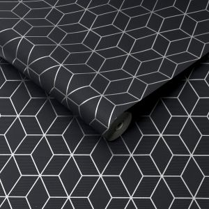 Star 101315  Papel  de Parede hexagonal preto com baixo relevo em prata  prisma black 