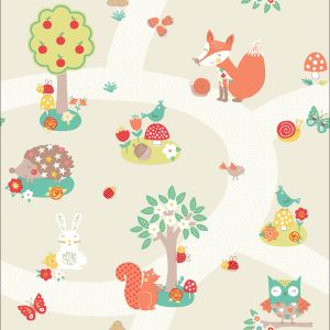 Star 7201  Papel de  Parede  Floresta  arvores e bichinos  fundo bege 
