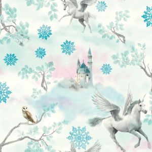 Star 7800 Papel de  Parede unicornio com castelo  verde e rosa com glitter 