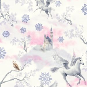 Star 7801 Papel de  Parede unicornio com castelo  rosa e lilas com glitter 