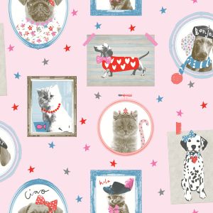 Star 8401 Papel de  Parede  Retratos de cachorros e gatos fundo rosa com glitter 