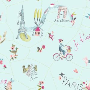 Star 6104 Papel de  Parede passeio monumentos de paris com menina ciclista com glitter e  fundo azul 