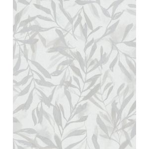 Leyla 82439  Papel de parede folhas e flores cinza fundo branco 