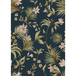 Flora 84377 papel de parede folhas, flores e pássaros verde e cinza