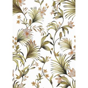 Flora 84391 papel de parede folhas, flores e pássaros verde e bege
