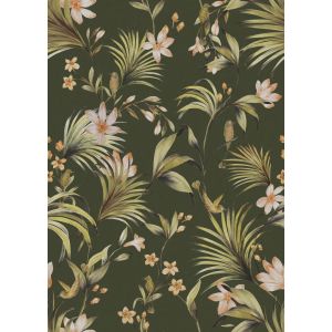 Flora 84414 papel de parede folhas, flores e pássaros verde musgo e bege