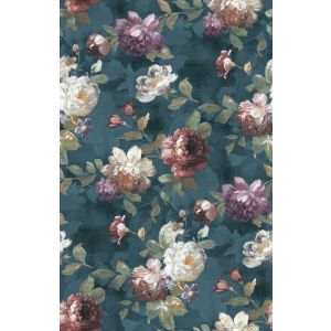 Flora 84490 papel de parede floral azul petróleo, verde e roxo