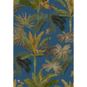 Flora 84575 papel de parede folhagem tropical e macaco tons verde e azul