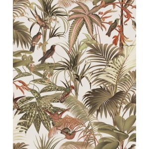 Flora 84643 papel de parede folhas e pássaros verde e bege claro