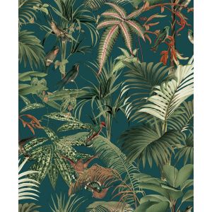 Flora 84681 papel de parede folhas e pássaros azul, verde e marrom
