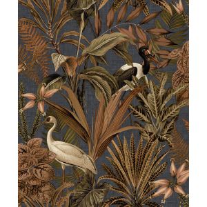 Flora 84704 papel de parede  folhagem e garças cinza chumbo e marrom