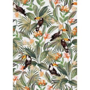 Flora 84865 papel de parede  folhas e tucanos verde e laranja