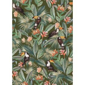 Flora   84902 papel de parede  folhas e tucanos  verde musgo e laranja 
