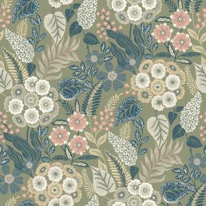 Karuna A76603  Papel de parede flores e folhas com fundo verde 