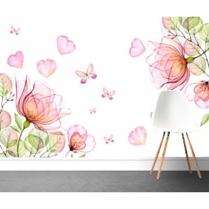   Papel de parede  personalizado 1009 Flores  grandes e borboletas 