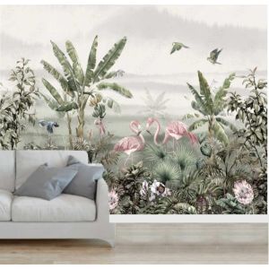  Painel  de parede  personalizado 1015  Floresta tropical  com flamingos 