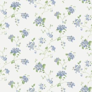 Miniatures 3  G67864 Papel de parede  mini flores azul e folhas verdes e fundo branco