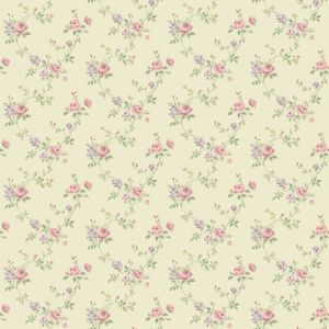 Miniatures 3  G67895 Papel de parede  mini rosas cor rosê e mini flores lilás folhas verdes  fundo amarelo