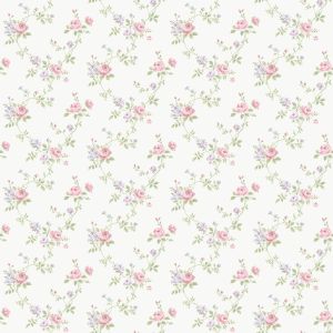 Miniatures 3  G67896 Papel de parede  mini rosas cor rosê e mini flores lilás folhas verdes  fundo branco