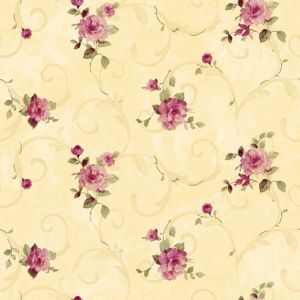 Papel de parede - Romantic - arabesco com rosas lilás fundo bege , cód :RO010702