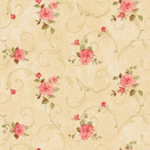 Papel de parede - Romantic - arabesco com rosas com fundo bege  , cód :RO010704