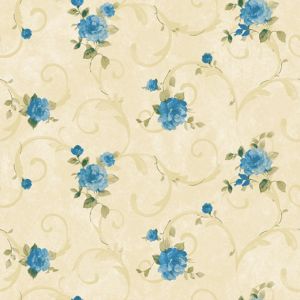 Papel de parede - Romantic - arabesco com brilho com rosas azul com fundo bege , cód :RO010705