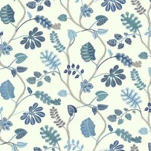 Papel de parede -WaverlySmall Prints - Fundo branco com folhas em azul em nances , cód : WP24022