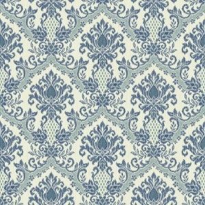 Papel de parede - Waverly Small Prints- Medalhões em azul com fundo branco   , cód : WP24193