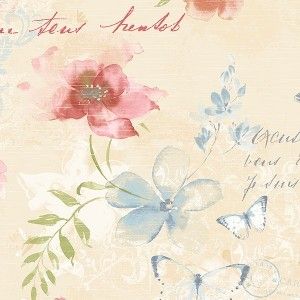 Papel de parede - Abby Rose 3 - Fundo bege com flores e escritos   , cód :  AB42432