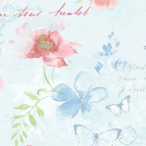 Papel de parede - Abby Rose 3 - Fundo azul com flores e escritas  , cód :  AB42433