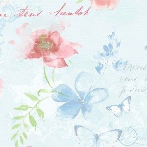 Papel de parede - Abby Rose 3 - Fundo azul com flores e escritas  , cód :  AB42433