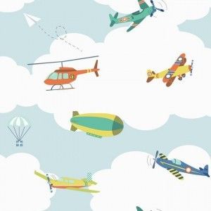 Papel de parede -Waverly Kids - Nuvens com aviões e balões coloridos , cód :WK6732