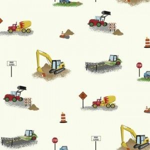Papel de parede - Waverly Kids -Fundo branco com caminhões escavadeiras  , cód : WK6944