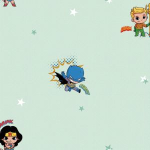 Star 8912-2 Papel de  Parede batman robin mulher maravilha  baby com fundo azul claro 