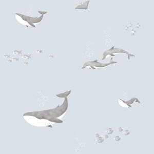 Sambori  132-1 Papel  de Parede fundo do mar golfinhos peixes tartarugas e arraias  em cinza 
