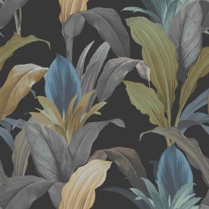 Botany House 15519 Papel de parede folhagem  com fundo preto e folhas azuis 
