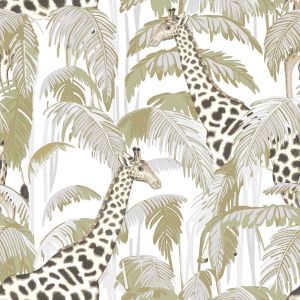 Botany House 15527 Papel de parede folhagem com girafa fundo branco
