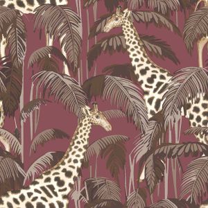 Botany House 15528 Papel de parede folhagem com girafa fundo vinho
