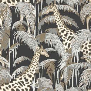 Botany House 15529 Papel de parede folhagem com girafa fundo preto