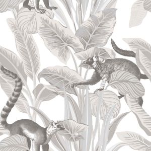 Botany House 15531 Papel de parede folhagem  com bicho cinza  com fundo branco