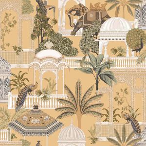 Botany House 15538 Papel de parede folhagem elefante  e pássaros com fundo bege