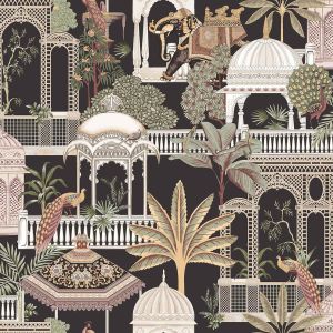Botany House 15539 Papel de parede folhagem elefante  e pássaros com fundo preto