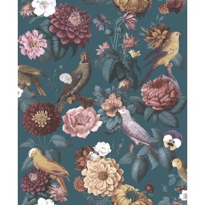 Botany House 15547 Papel de parede flores e pássaros com fundo verde escuro