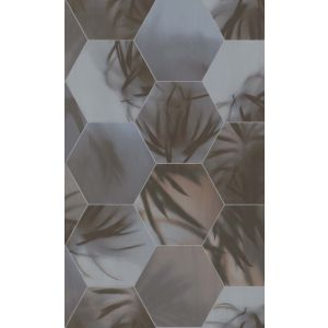 Dimensions   219574  Papel de  Parede hexagonos grandes marrom e cinza  e com folhagem 