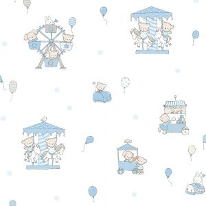 Lullaby  220-1Papel de parede ursinhos na roda gigante e carrossel em azul 