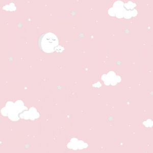 Lullaby  221-2 Papel de parede nuvens e lua com estrelas  fundo rosa 