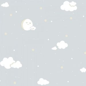 Lullaby  221-3 Papel de parede nuvens e lua com estrelas  fundo cinza 