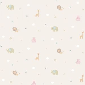 Lullaby  222-1 Papel de parede bichinhos leao  girafa elefante e hipopotamo com fundo bege 