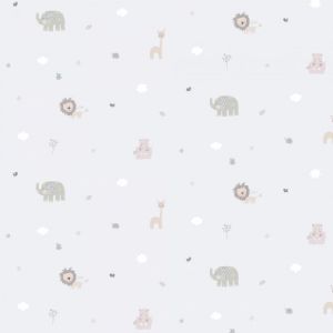Lullaby  222-2 Papel de parede bichinhos leao  girafa elefante e hipopotamo com fundo cinza 